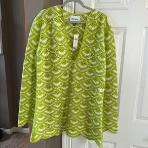 CeCe Lime Green and White Scallop V-Neck Sweater
